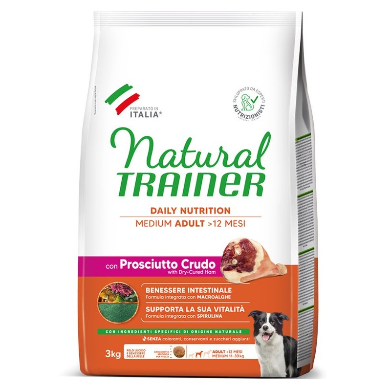 TRAINER DOG NATURAL ADULT MEDIUM CON PROSCIUTTO CRUDO E RISO KG.12