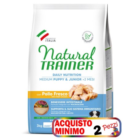 TRAINER DOG NATURAL PUPPY & JUNIOR MEDIUM CON POLLO FRESCO KG. 12 *acquisto minimo 2 sacchi*