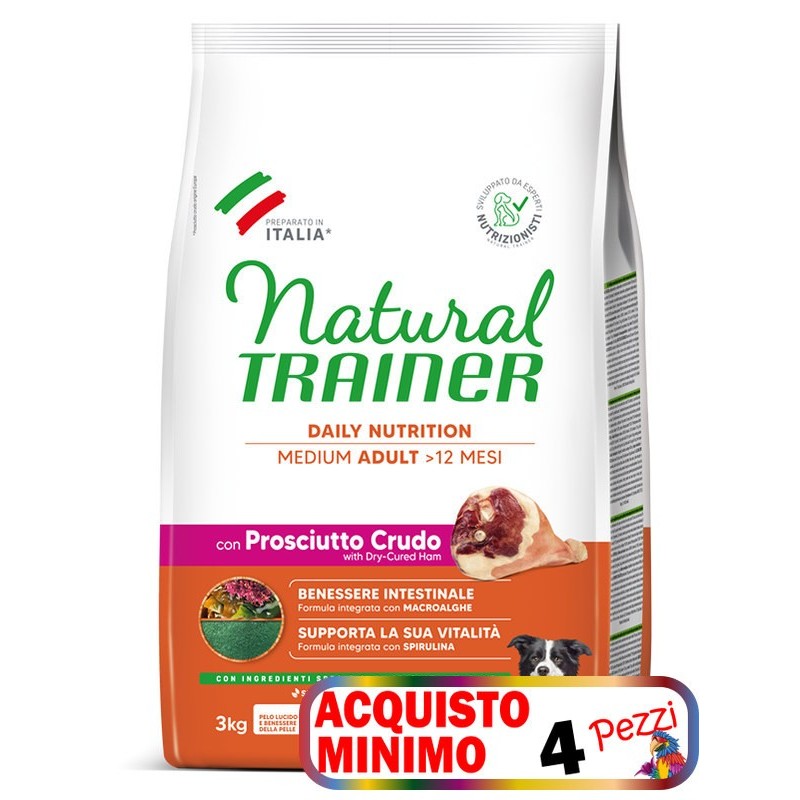 TRAINER DOG NATURAL ADULT MEDIUM CON PROSCIUTTO CRUDO E RISO KG 12 *acquisto minimo 4 sacchi*