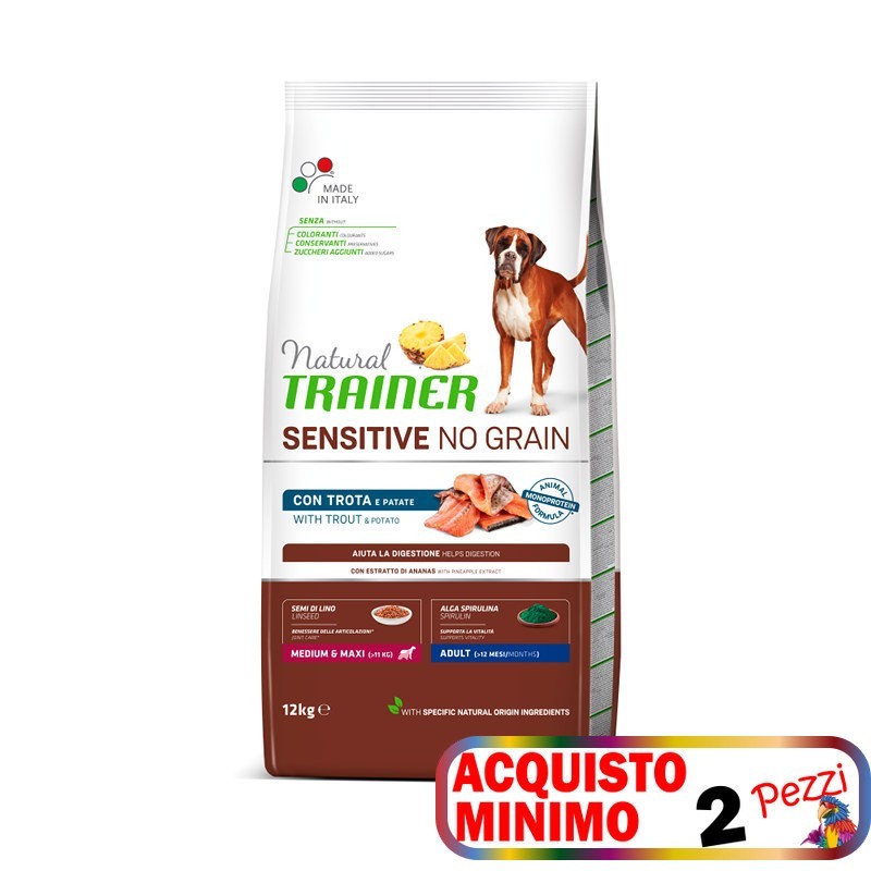TRAINER SENSITIVE NO GRAIN ADULT MEDIUM&MAXI TROTA E PATATE KG. 12 *acquisto minimo 2 sacchi*