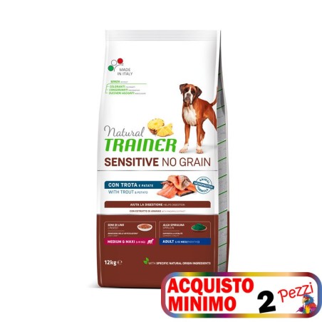 TRAINER SENSITIVE NO GRAIN ADULT MEDIUM&MAXI TROTA E PATATE KG. 12 *acquisto minimo 2 sacchi*