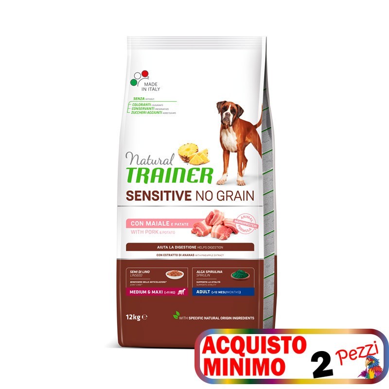 TRAINER SENSITIVE NO GRAIN ADULT MEDIUM&MAXI MAIALE E PATATE KG. 12 x 2 PZ.*prezzo riferito alla singola confezione*