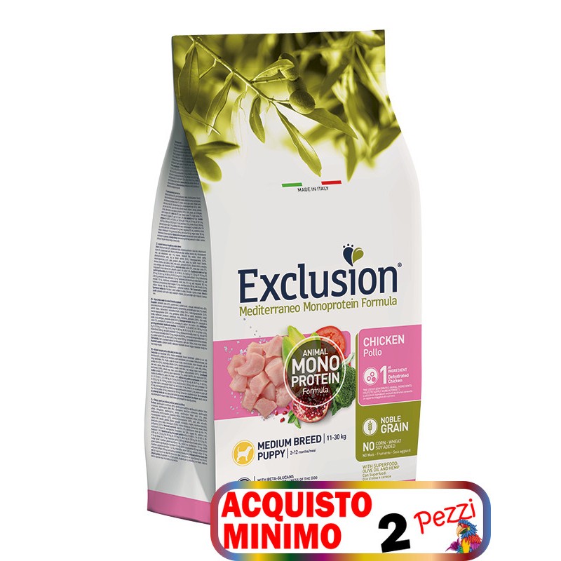 EXCLUSION MEDITERRANEO MONOPROTEIN PUPPY MEDIUM POLLO KG.12**acquisto minimo 2pz**3kg omaggio