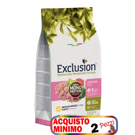 EXCLUSION MEDITERRANEO MONOPROTEIN PUPPY MEDIUM POLLO KG.12**acquisto minimo 2pz**3kg omaggio