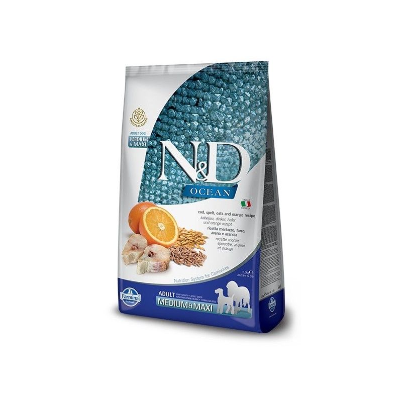 FARMINA N&D OCEAN LOW GRAIN ADULT MEDIUM/MAXI MERLUZZO FARRO, AVENA,  ARANCIA KG.12 ***SPEDIZIONE GRATIS***