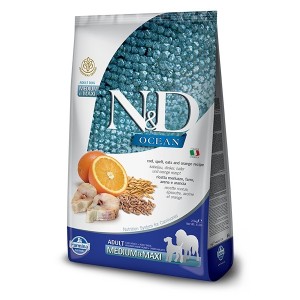 FARMINA N&D OCEAN LOW GRAIN ADULT MEDIUM/MAXI MERLUZZO FARRO, AVENA,  ARANCIA KG.12 ***SPEDIZIONE GRATIS***