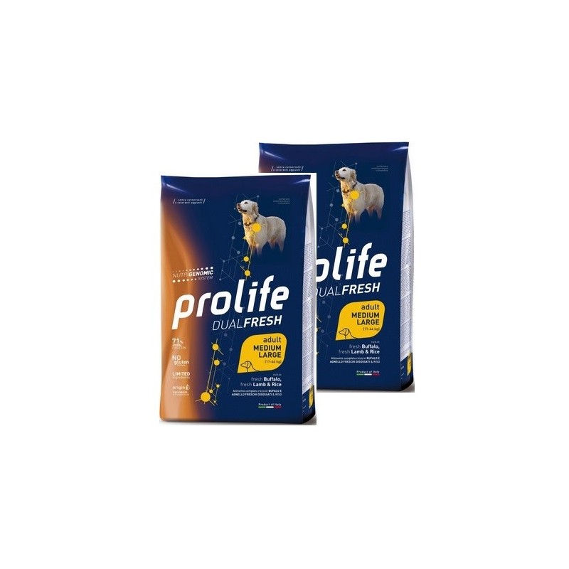 PROLIFE..DOG ADULT DUAL FRESH MEDIUM / LARGE BUFALO E AGNELLO KG.12 **acquisto minimo 2 sacchi*prezzo riferito alla singola conf