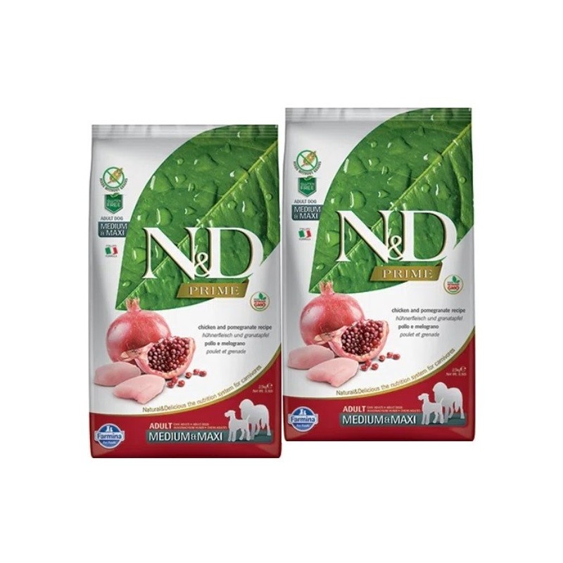 FARMINA N&D PRIME ADULT MEDIUM/MAXI POLLO E MELOGRANO KG.12**acquisto minimo 2sacchi*prezzo riferito alla singola confezione*