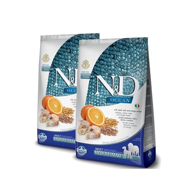 FARMINA N&D OCEAN ANCESTRAL  ADULT MEDIUM MAXI MERLUZZO E ARANCIA KG.12**acquisto minimo 2sacchi*prezzo riferito alla singola co