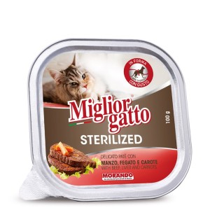 MIGLIORGATTO VASCHETTA STERILIZED GR.100 MANZO, FEGATO E CAROTE