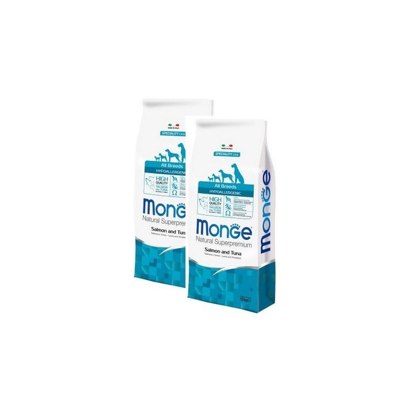 MONGE ALL BREEDS HYPOALLERGENIC SALMONE TONNO KG.12 **acquisto minimo 2 sacchi*prezzo riferito alla singola confezione*