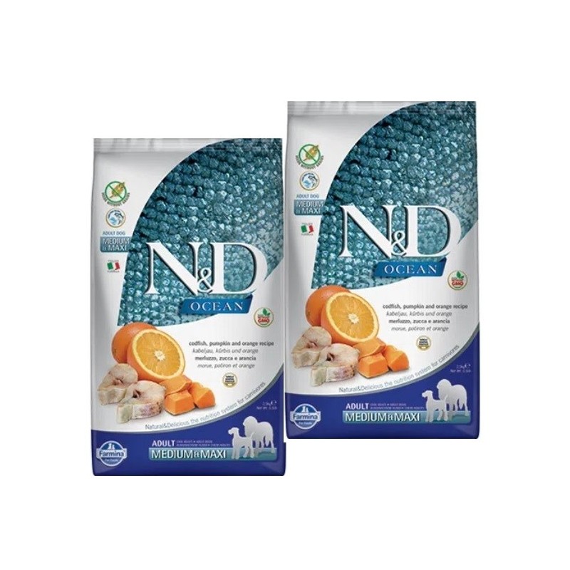 FARMINA N&D OCEAN ADULT MEDIUM/MAXI MERLUZZO, ZUCCA E ARANCIA 12 KG **acquisto minimo 2 sacchi*prezzo riferito alla singola conf