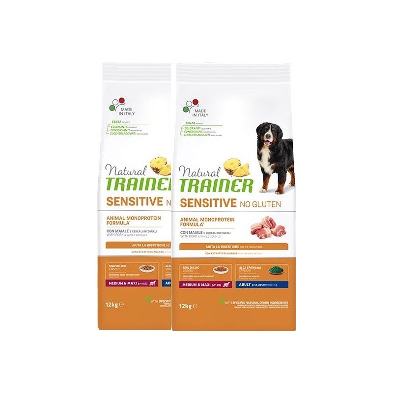 TRAINER SENSITIVE NO GLUTEN ADULT M/M MAIALE E CEREALI KG 12 **acquisto minimo 2 sacchi*prezzo riferito alla singola confezione*