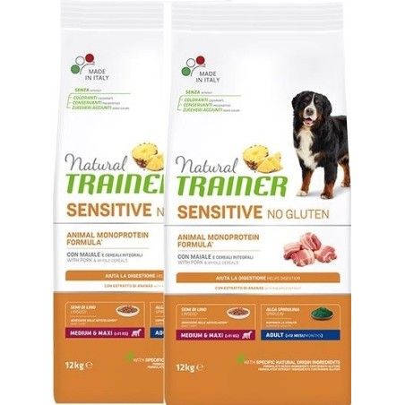 TRAINER SENSITIVE NO GLUTEN ADULT M/M MAIALE E CEREALI KG 12 **acquisto minimo 2 sacchi*prezzo riferito alla singola confezione*