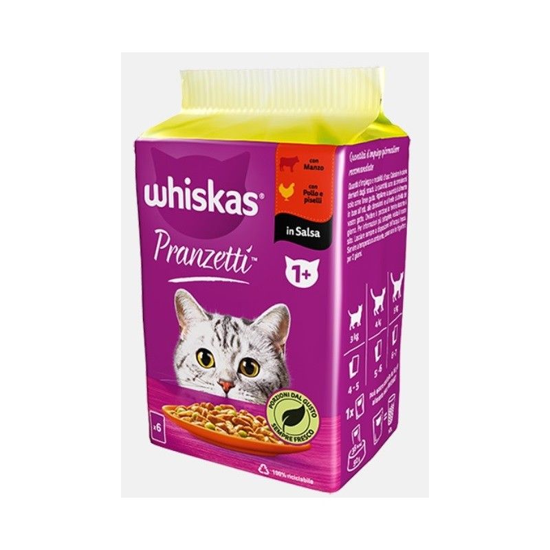 WHISKAS PRANZETTI IN SALSA 50 GR MANZO CAROTE, POLLO, PISELLI