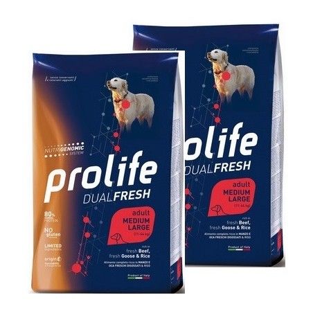PROLIFE..DOG ADULT DUAL FRESH MEDIUM / LARGE BEEF&GOOSE KG.12 **acquisto minimo 2 sacchi*prezzo riferito alla singola confezione