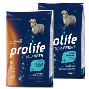 PROLIFE..DOG ADULT DUAL FRESH MEDIUM / LARGE SALMON CODFISH RICE KG.12 **acquisto minimo 2 sacchi*prezzo riferito alla singola c