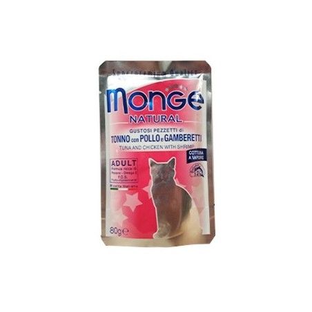 MONGE BUSTE NATURALI SQISITI PEZZETTI DI TONNO CON POLLO E GAMBERETTI 80GR 