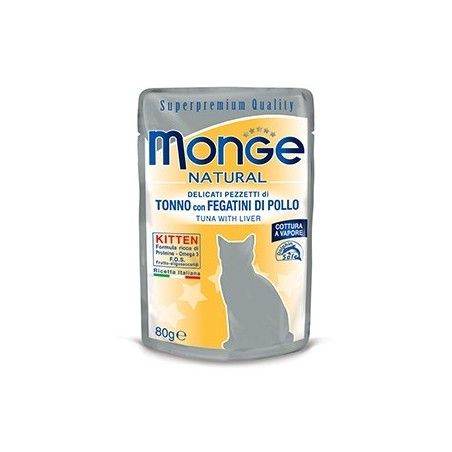 MONGE BUSTE NATURALI SQUISITI PEZZETTI DI TONNO FEGATINI DI POLLO KITTEN 80 GR