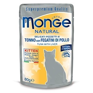MONGE BUSTE NATURALI SQUISITI PEZZETTI DI TONNO FEGATINI DI POLLO KITTEN 80 GR