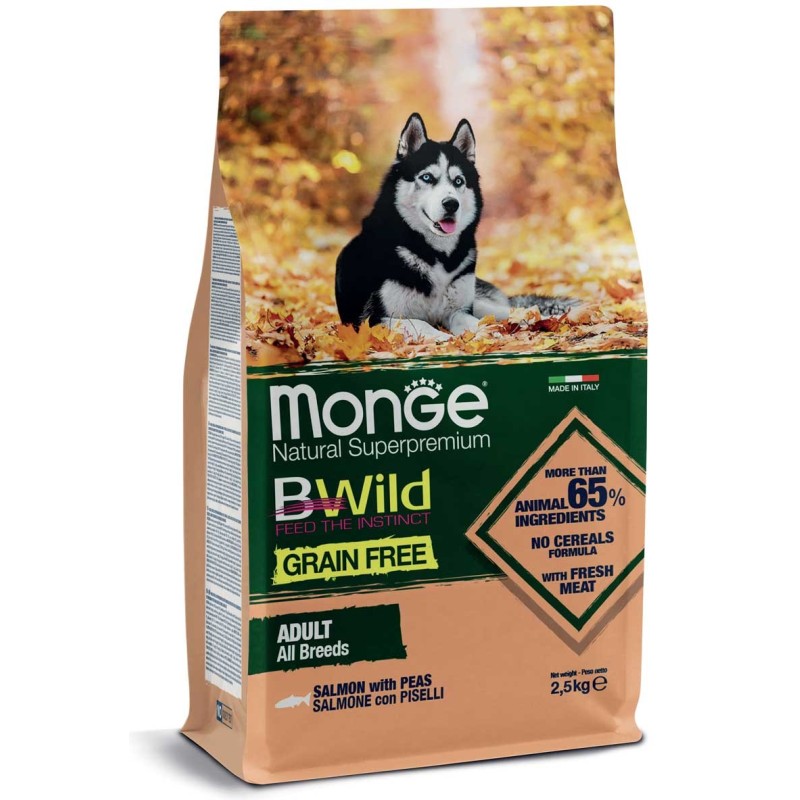 MONGE BWILD GRAIN FREE ALL BREEDS SALMONE E PISELLI KG.2,5