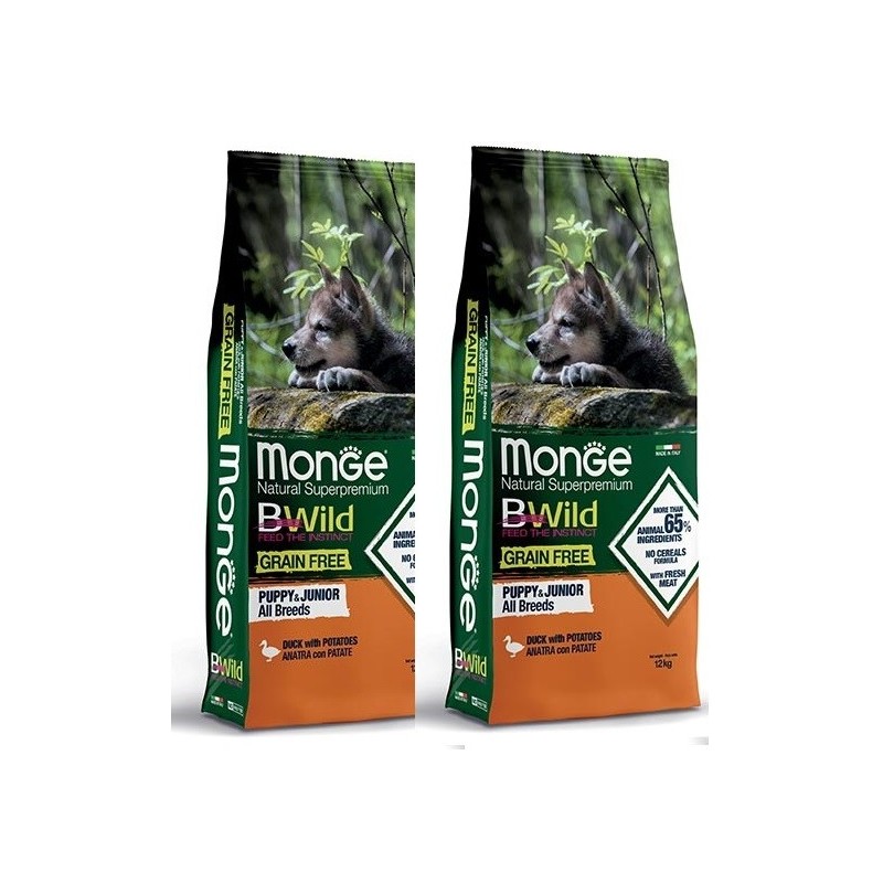 MONGE BWILD GRAIN FREE ALL BREEDS PUPPY ANATRA E PATATE KG.12 *acquisto minimo 2 sacchi*prezzo riferito alla singola confezione*