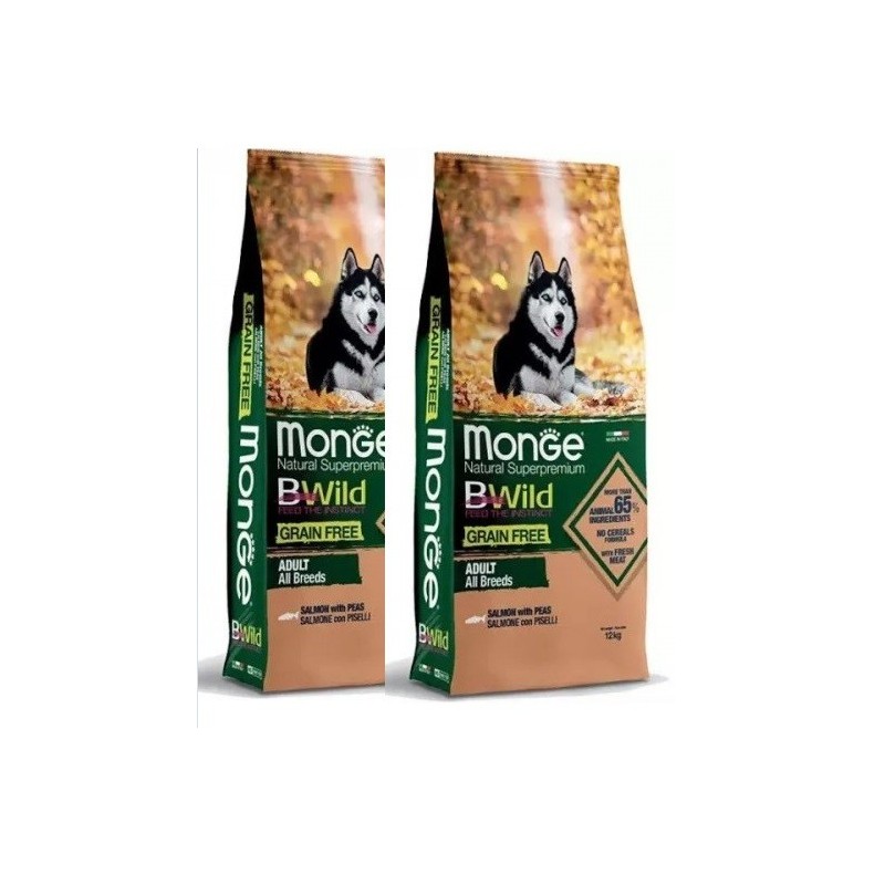 MONGE BWILD GRAIN FREE ALL BREEDS SALMONE E PISELLI KG.12 *acquisto minimo 2 sacchi*prezzo riferito alla singola confezione*