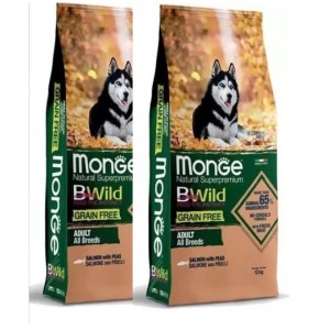 MONGE BWILD GRAIN FREE ALL BREEDS SALMONE E PISELLI KG.12 *acquisto minimo 2 sacchi*prezzo riferito alla singola confezione*