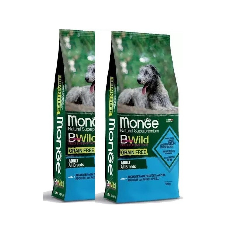 MONGE BWILD GRAIN FREE ALL BREEDS ACCIUGHE CON PATATE PISELLI KG.12 *acquisto minimo 2 sacchi*prezzo riferito alla singola confe