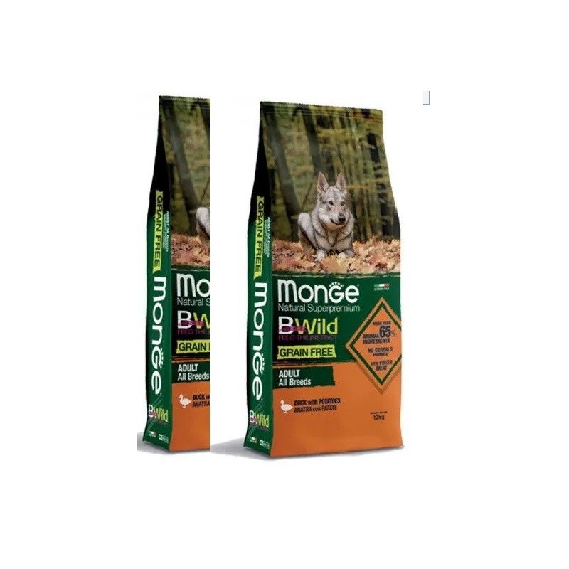 MONGE BWILD GRAIN FREE ALL BREEDS ANATRA E PATATE KG.12 *acquisto minimo 2 sacchi*prezzo riferito alla singola confezione*