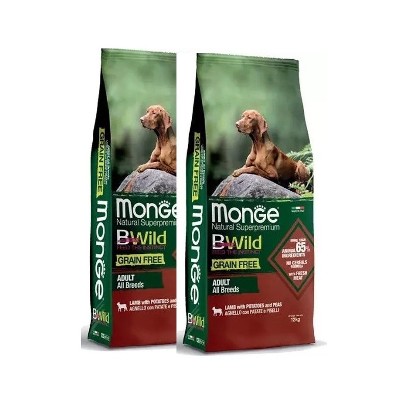 MONGE BWILD GRAIN FREE ALL BREEDS AGNELLO CON PATATE E PISELLI KG.12 *acquisto minimo 2 sacchi*prezzo riferito alla singola conf