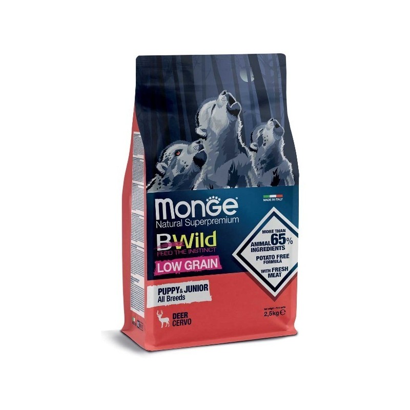 MONGE BWILD LOW GRAIN ALL BREEDS PUPPY CERVO KG.12*spedizione gratuita*