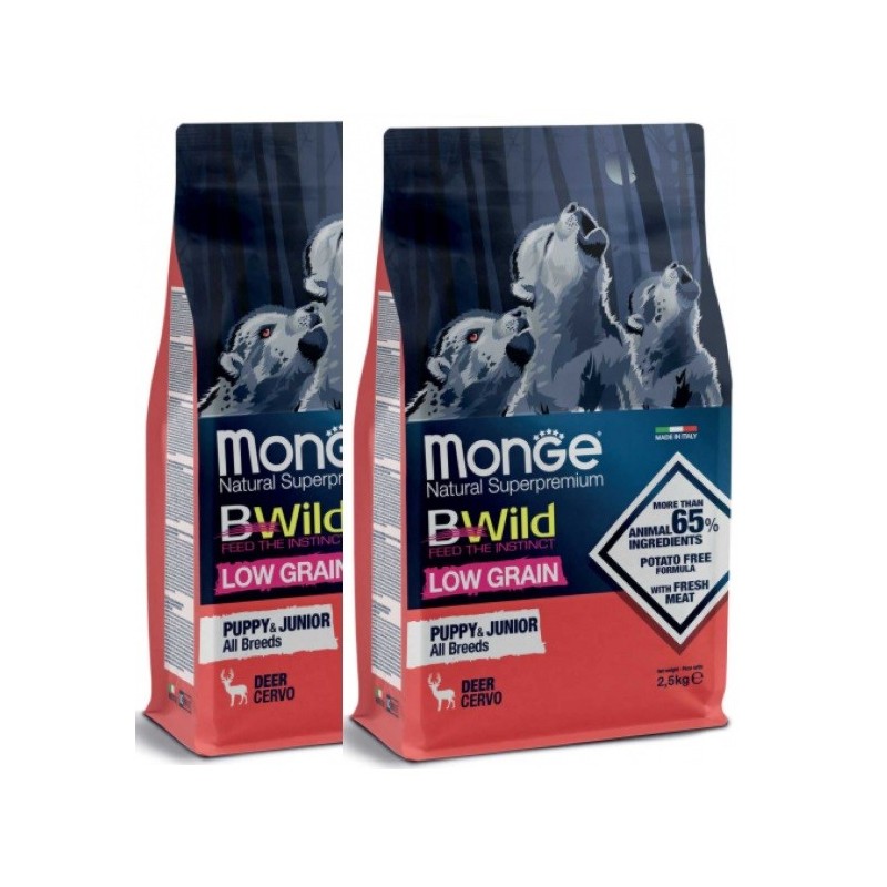 MONGE BWILD LOW GRAIN ALL BREEDS PUPPY CERVO KG.12  **prezzo riferito alla singola confezione**