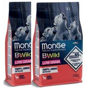 MONGE BWILD LOW GRAIN ALL BREEDS PUPPY CERVO KG.12  **prezzo riferito alla singola confezione**
