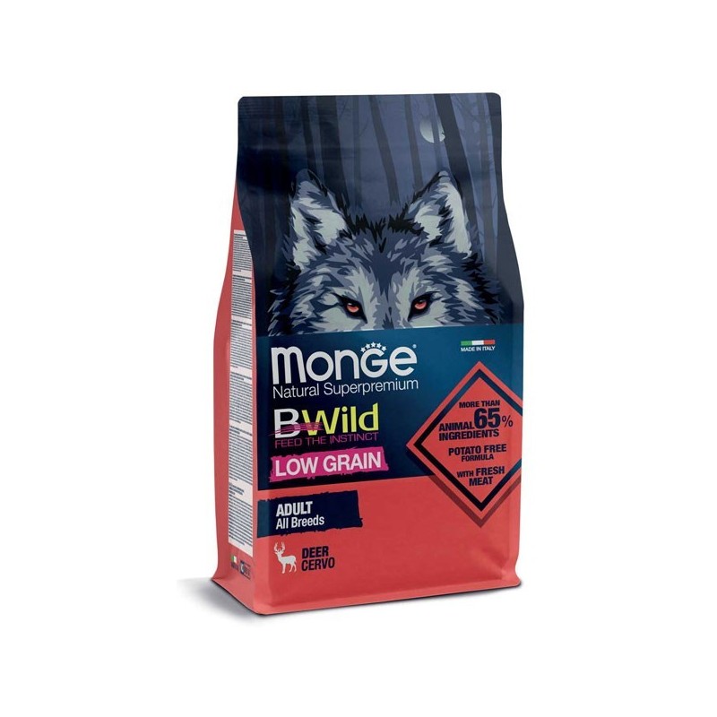 MONGE BWILD LOW GRAIN ALL BREEDS ADULT CERVO KG.12*spedizione gratuita*