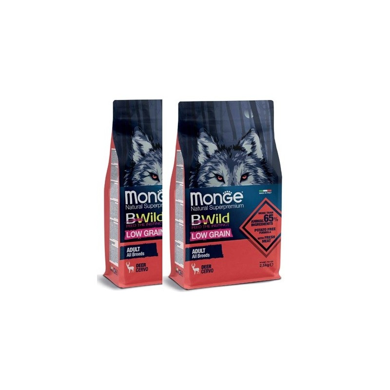 MONGE BWILD LOW GRAIN ALL BREEDS ADULT CERVO KG.12 *acquisto minimo 2 sacchi*prezzo riferito alla singola confezione*