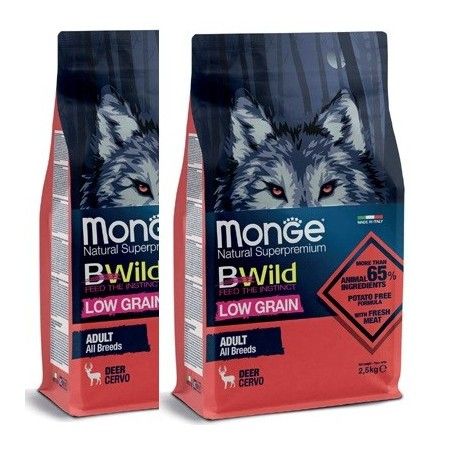MONGE BWILD LOW GRAIN ALL BREEDS ADULT CERVO KG.12 *acquisto minimo 2 sacchi*prezzo riferito alla singola confezione*