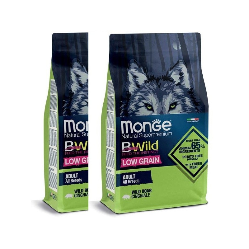 MONGE BWILD LOW GRAIN ALL BREEDS ADULT CINGHIALE KG.12 *acquisto minimo 2 sacchi*prezzo riferito alla singola confezione*
