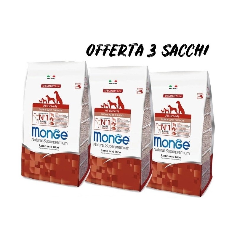 MONGE ALL BREEDS PUPPY AGNELLO E RISO KG.12 *acquisto minimo 3 sacchi*prezzo riferito alla singola confezione*