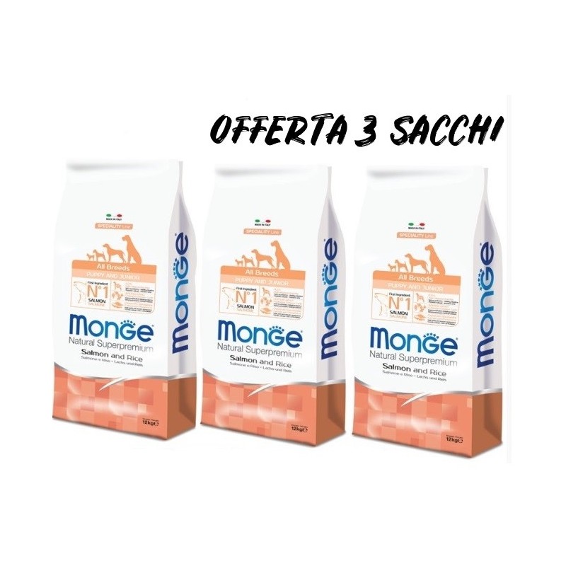 MONGE ALL BREEDS PUPPY SALMONE E RISO KG.12 *acquisto minimo 3 sacchi*prezzo riferito alla singola confezione*