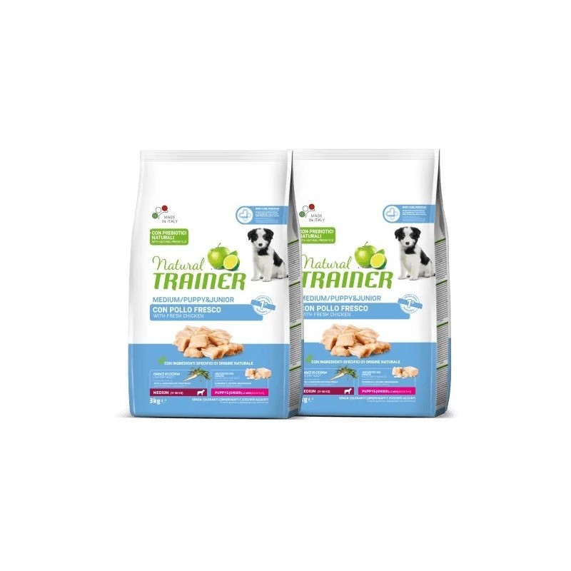 TRAINER DOG NATURAL PUPPY & JUNIOR MEDIUM CON POLLO FRESCO KG. 12 *acquisto minimo 2 sacchi*prezzo riferito alla singola confezi