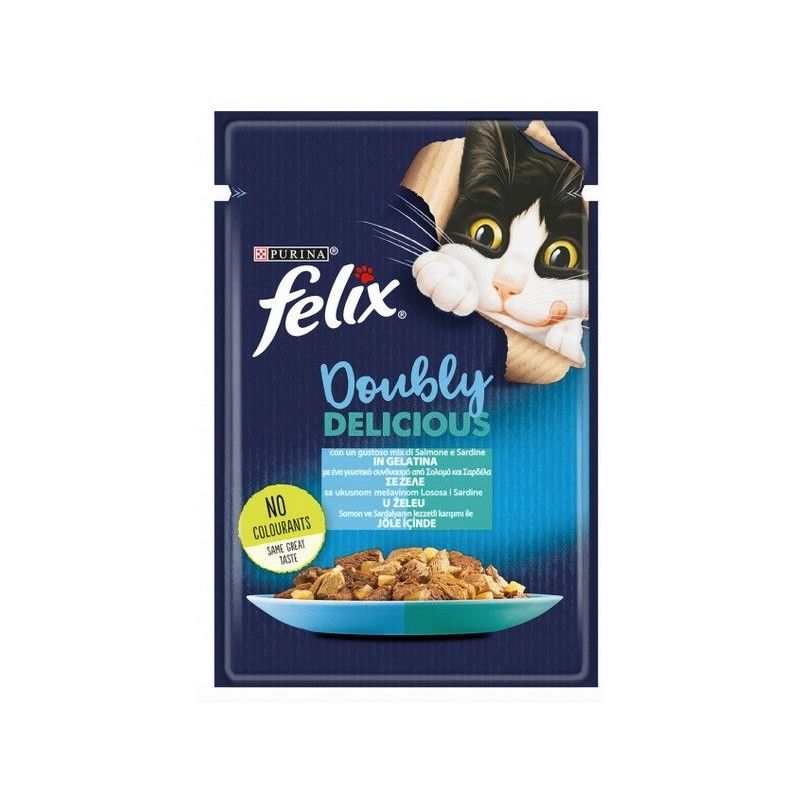 FELIX BUSTA DOUBLY DELICIOUS CON SARDINE E SALMONE  IN GELATINA GR 85