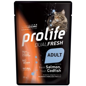 PROLIFE CAT BUSTA GR.85 DUAL FRESH ADULT FRESH SALMON, FRESH CODFISH ( SALMONE E MERLUZZO)