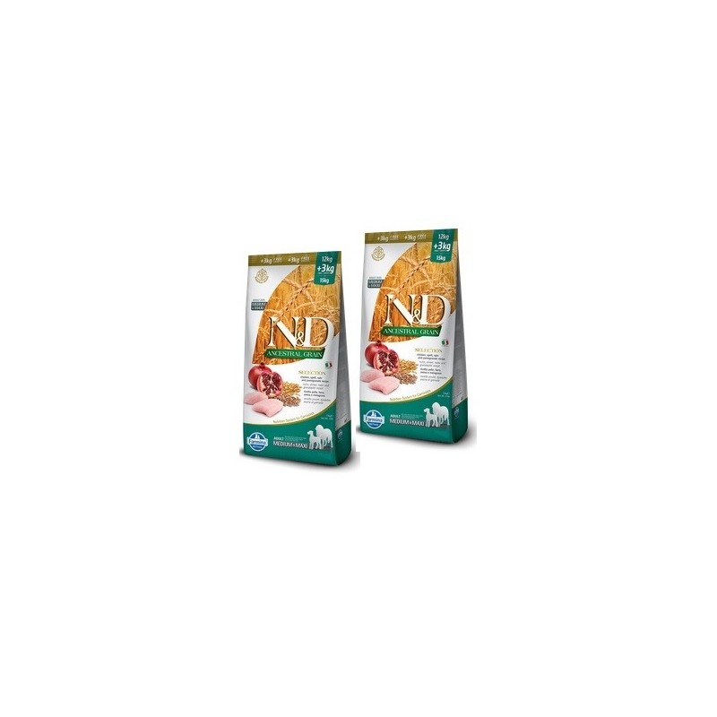 FARMINA N&D SELECTION ANCESTRAL GRAIN ADULT MEDIUM/MAXI POLLO KG. 12 + 3 OMAGGIO **prezzo riferito alla singola confezione*  
