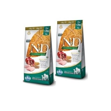 FARMINA N&D SELECTION ANCESTRAL GRAIN ADULT MEDIUM/MAXI POLLO KG. 12 + 3 OMAGGIO **prezzo riferito alla singola confezione*  