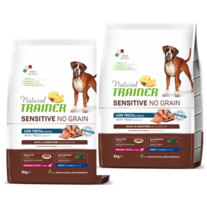 TRAINER SENSITIVE NO GRAIN ADULT MEDIUM&MAXI TROTA E PATATE KG. 12 *acquisto minimo 2 sacchi*prezzo riferito alla singola confez