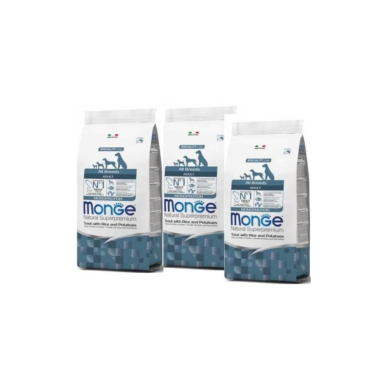 MONGE ALL BREEDS ADULT TROTA RISO & PATATE KG. 12 *acquisto minimo 3 sacchi*prezzo riferito alla singola confezione*