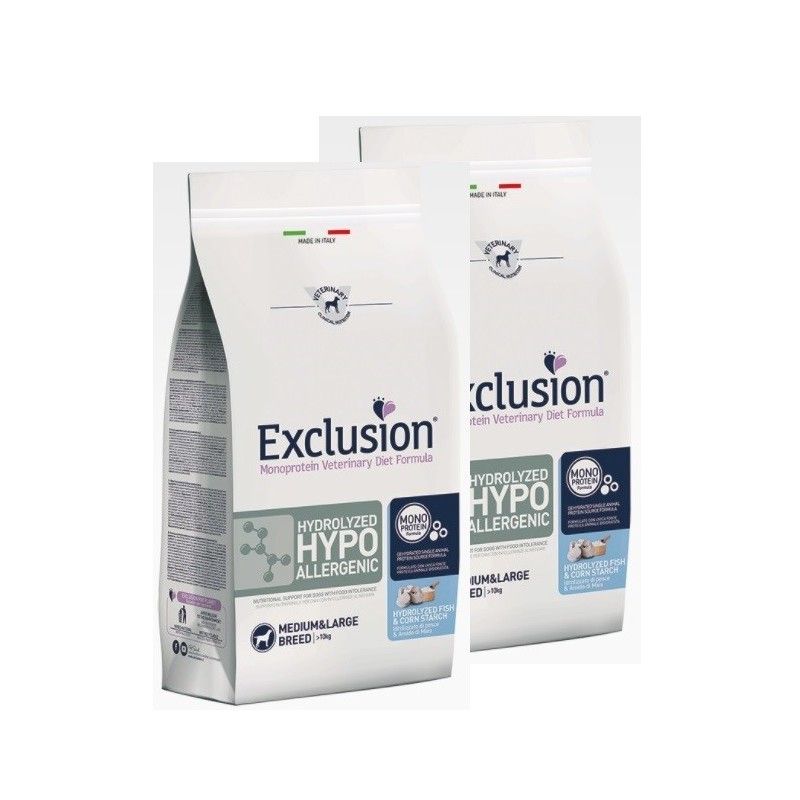 EXCLUSION DIET HYDROLYZED HYPOALLERGENIC HYDRILIZED FISH & CORN STARCH MEDIUM/LARGE BREED KG.12 **acquisto minimo 2 sacchi*prezz