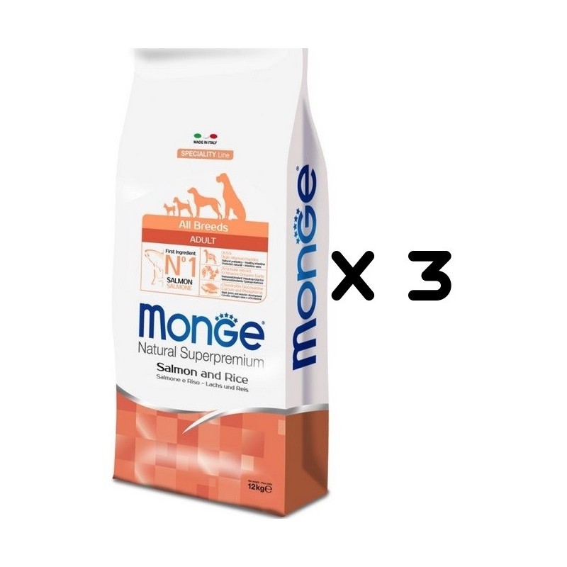 MONGE ALL BREEDS ADULT SALMONE E RISO KG.12 *acquisto minimo 3 sacchi*prezzo riferito alla singola confezione*