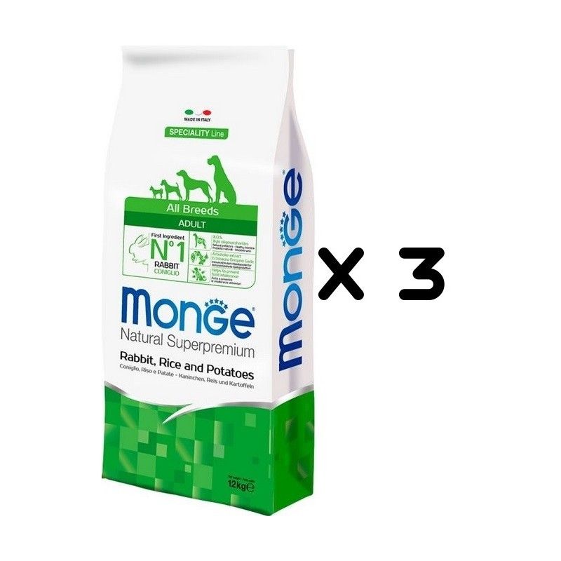 MONGE ALL BREEDS ADULT CONIGLIO RISO PATATE KG.12 *acquisto minimo 3 sacchi*prezzo riferito alla singola confezione*